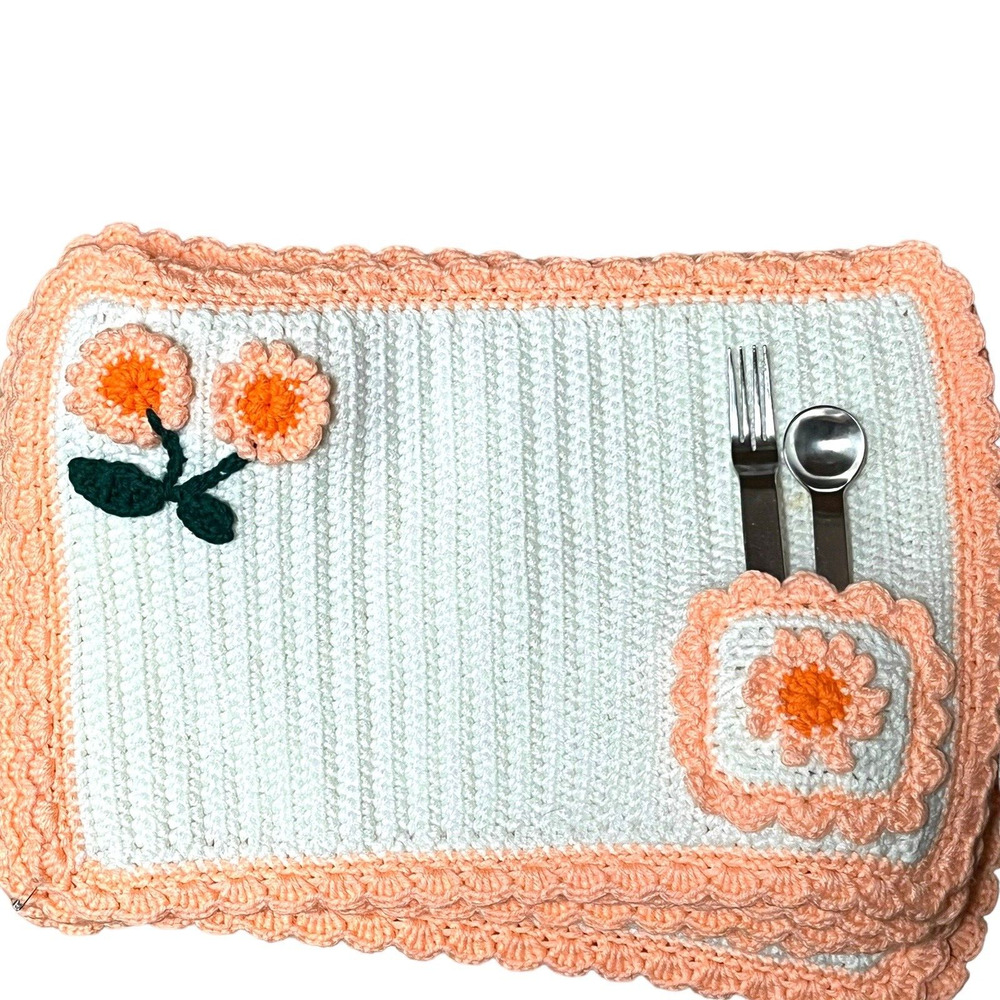 Placemats Crochet Set Of 6 Vintage Orange White Retro 18 X 12 Country Kitsch